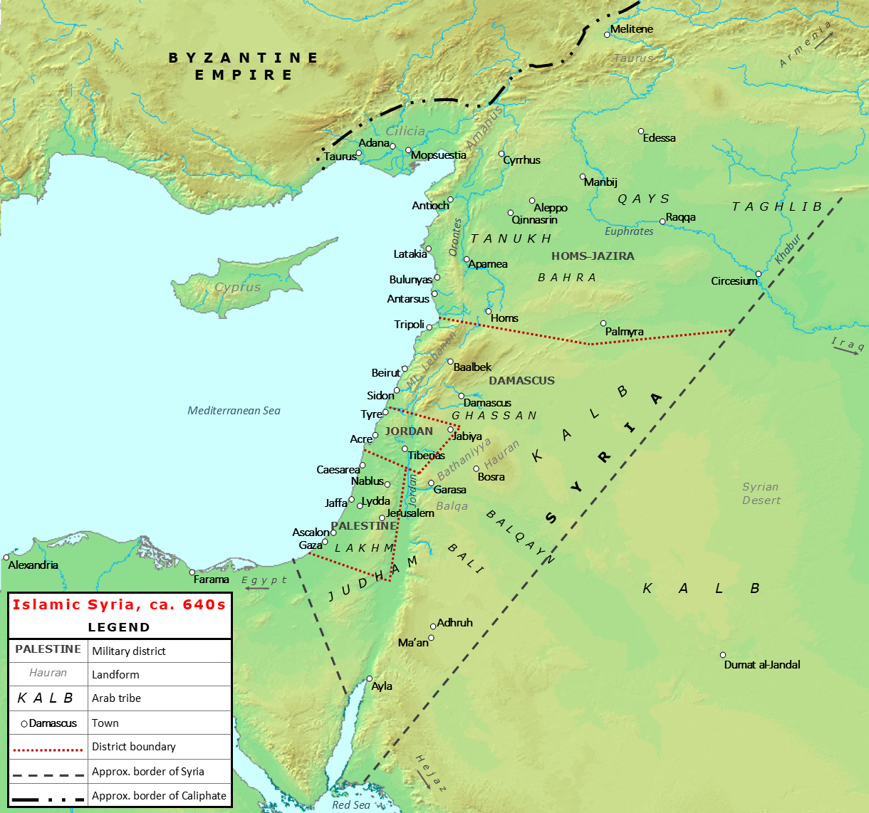 Map of Isamic Syria in the 640s CE