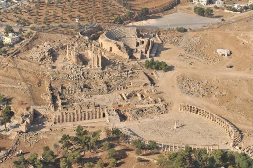 Aerial view of Temple of Zeus Oval Plaza and Theater Jerash 