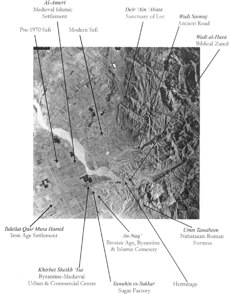 Annotated 1992 aerial photograph of Zoora in the Ghor es-Safi
